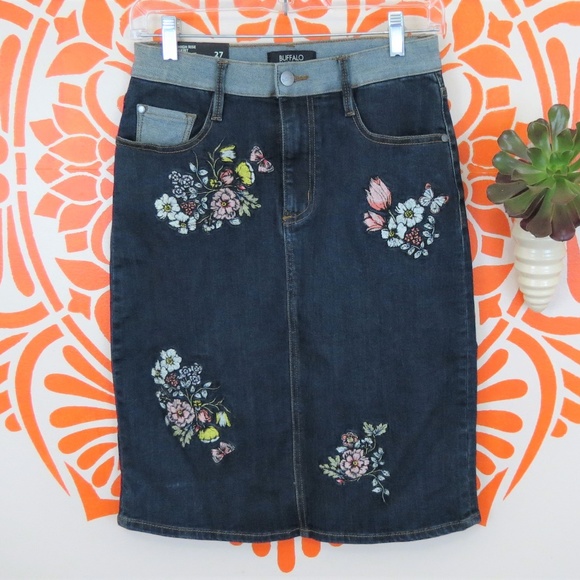 Buffalo David Bitton Dresses & Skirts - NWT High Rise Dark Denim Embroidered Pencil Skirt